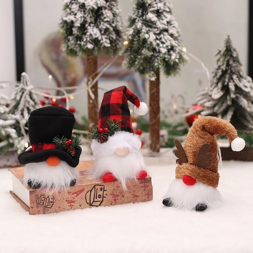 New Luminescent Christmas Buffalo Plaid Top Hat Elk Lighted Gnomes  Christmas Tree Hanging Pendant Plush Dolls Dwarf Ornaments