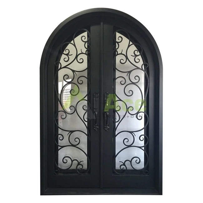 China manufacturer house main entry door exterior rustic arch decorative double wrought iron entrance front doors