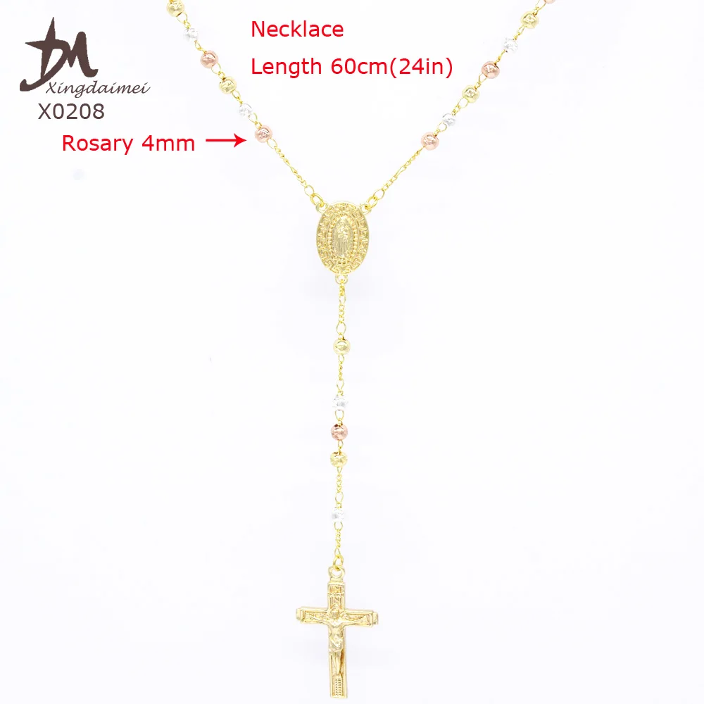 X0208 gold  rosary necklace wholesale three colors Virgin Mary rosary beaded necklace gold plated rosary necklace