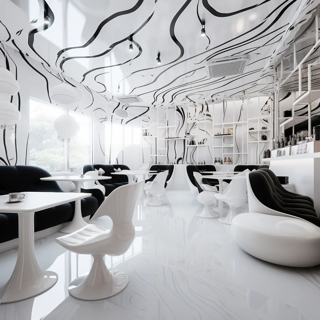 2024 AI Concept Creative Space Design Fashionable Modern Cafe Shop Interior Design Concept Design AI Interior Drawing Services