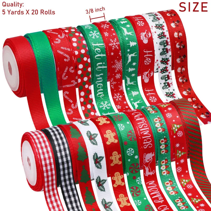 3/8 Inch crafts DIY decorations holiday polyester grosgrain webbing christmas ribbon trim for gift package wrapping