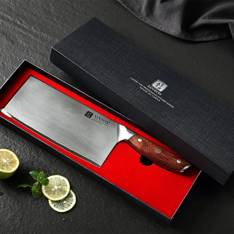 440C clad steel kitchen cleaver knife with premium natural red wood