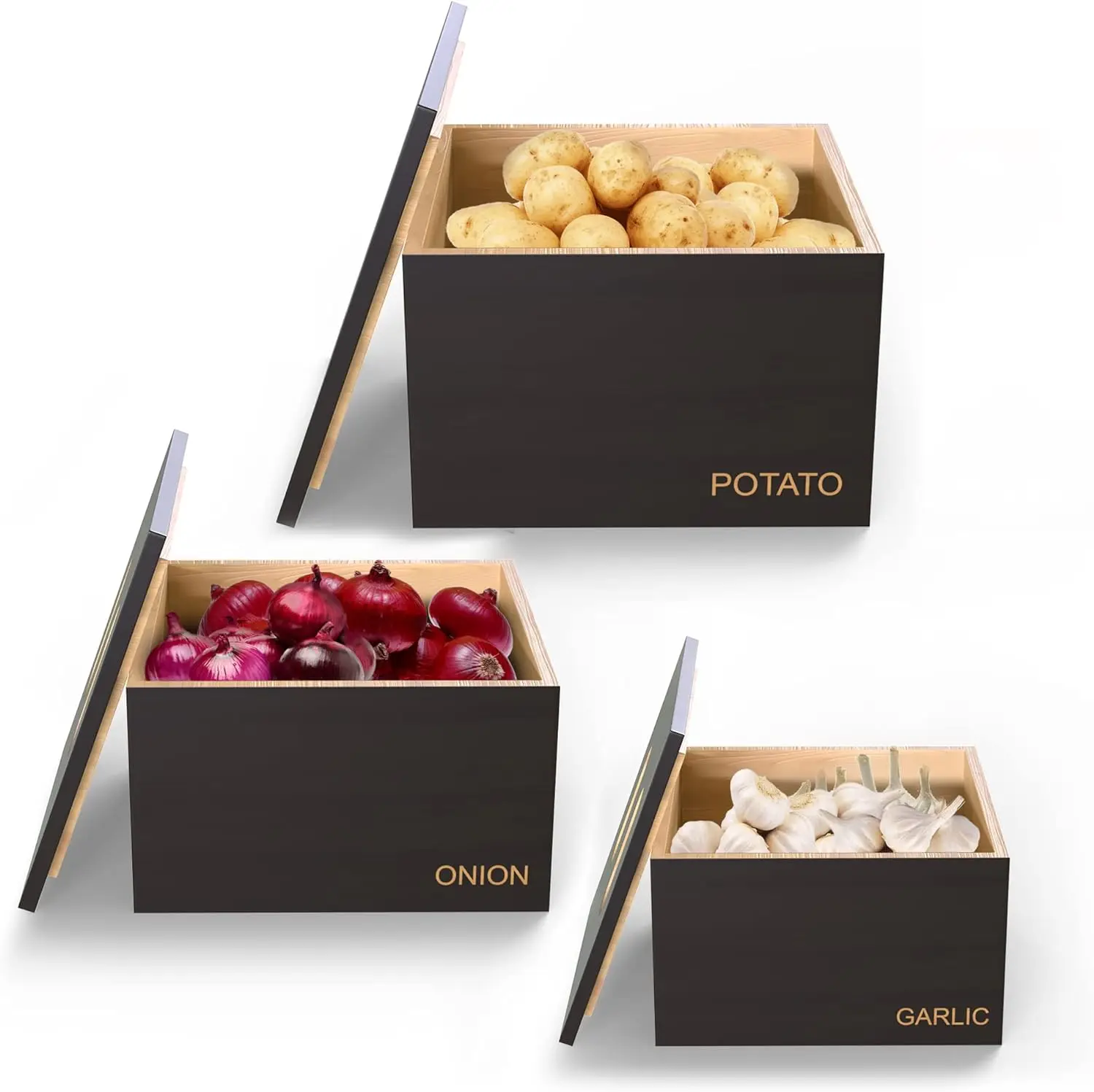 Custom 3pcs Engraved Bamboo Vegetable Bins Stackable Potato Onion Garlic Kitchen Storage Container Bin For Pantry Or Counter