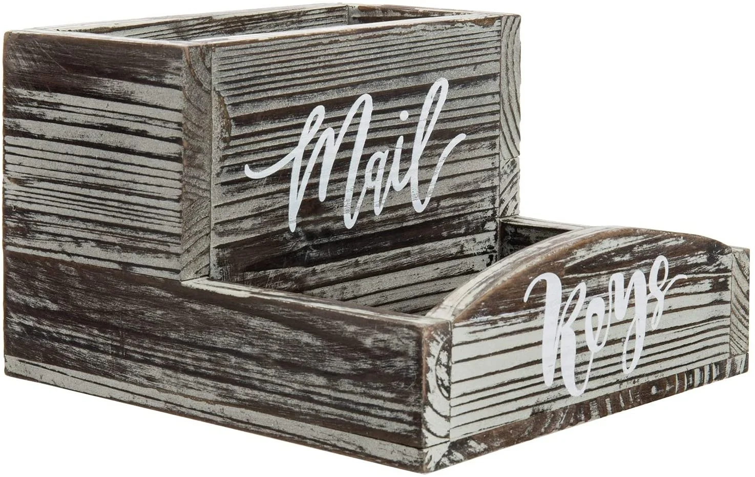 Rustic Torched Wood Tabletop Mail Organizer and Key Holder Storage Tray with Stylish Cursive Font