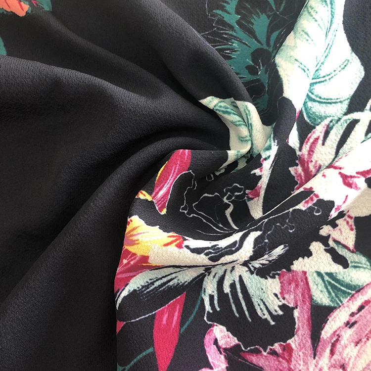 Темно-зеленые и розовые r листья цветок цифровой печати тканые 75Dx75D пузырьковая шифоновая ткань из полиэстера для женской одежды