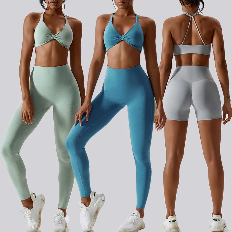 Комплекты леггинсов Naked Feeling, женская спортивная одежда с логотипом на заказ, женские комплекты для фитнеса в тренажерном зале, спортивный бюстгальтер с завязками спереди, тренировочные костюмы