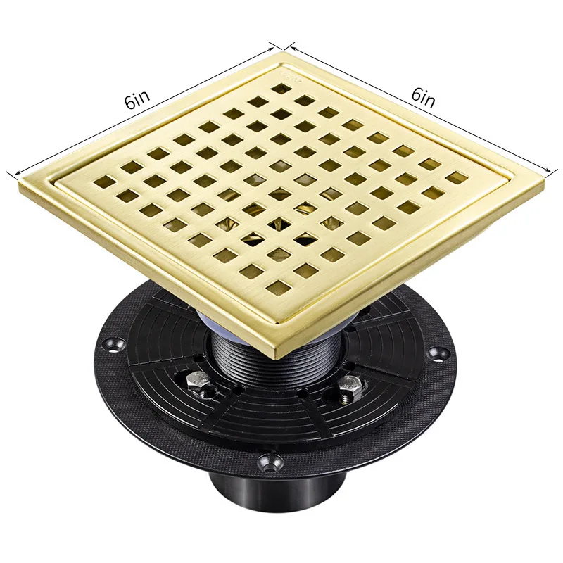 6 inch gold Square Shower Drain with Flange Black Shower Floor Drain Kit 4 inch Removable Grid Grate SUS 304 Stainless Steel