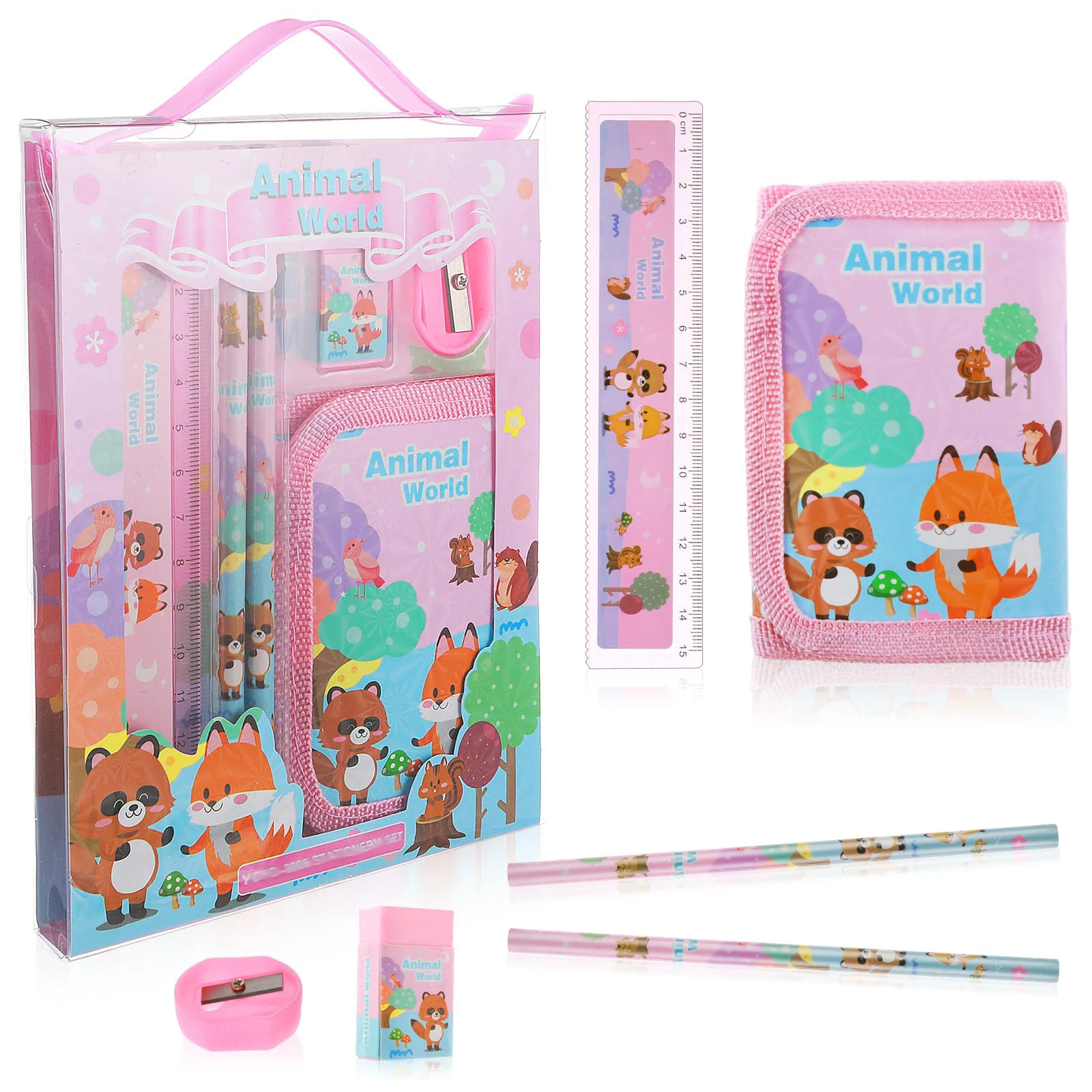 Cute Animals Kawaii School Supplies Set 2 Pencils Pencil Sharpener Rulers Eraser School Supplies Stationery Set for Boys Girls