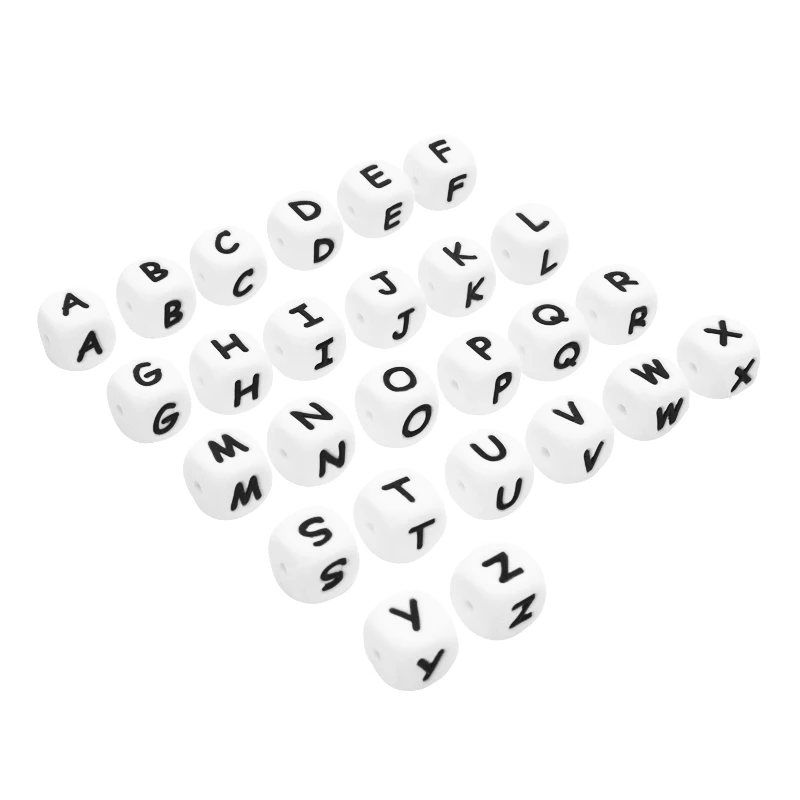 Bpa Free Baby Teether Bead Chew Food Grade Baby Teething Pacifier Clip Soft 12mm Alphabet Silicone baby teether letters