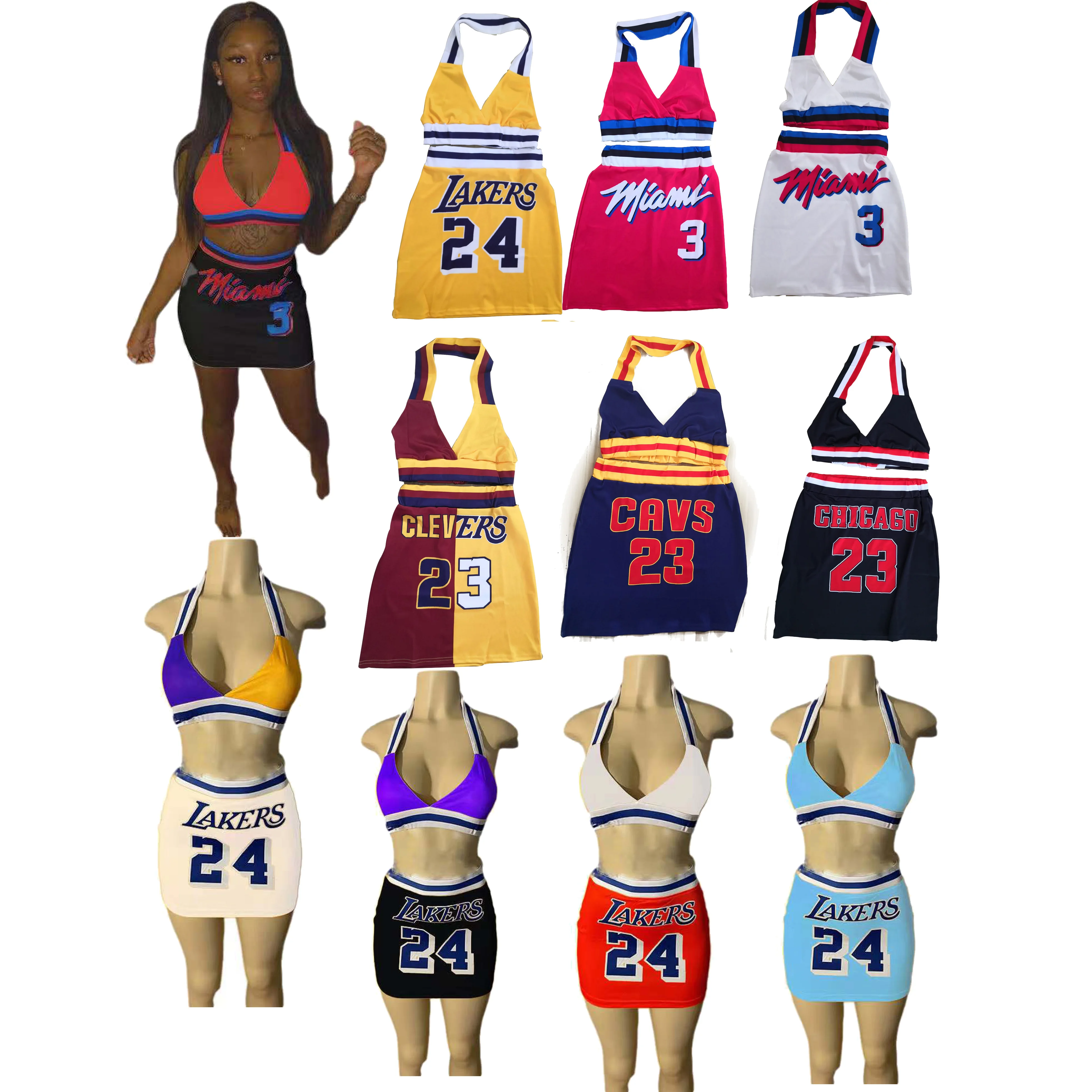
2021 Wholesale Hot Sale Classical Woman 2 Piece Sets Basketball Jersey Short Dress Woman Eembroidery Skirt Jersey 