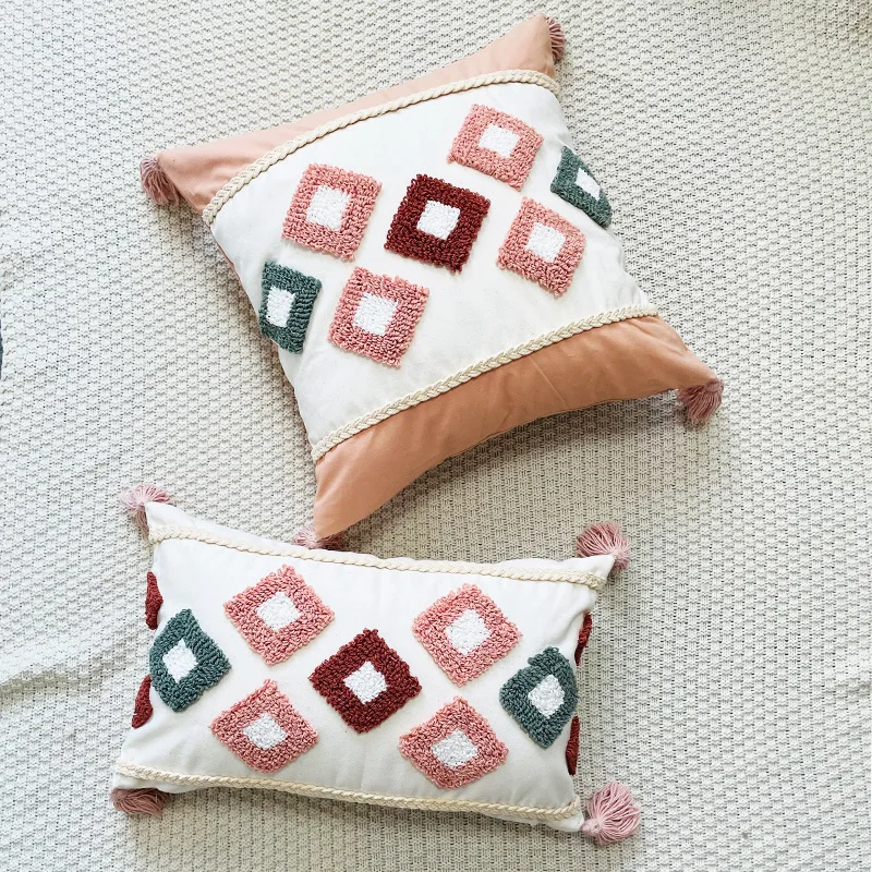 Bohemian style small fresh circle velvet rainbow geometric clustering embroidery pillowcase