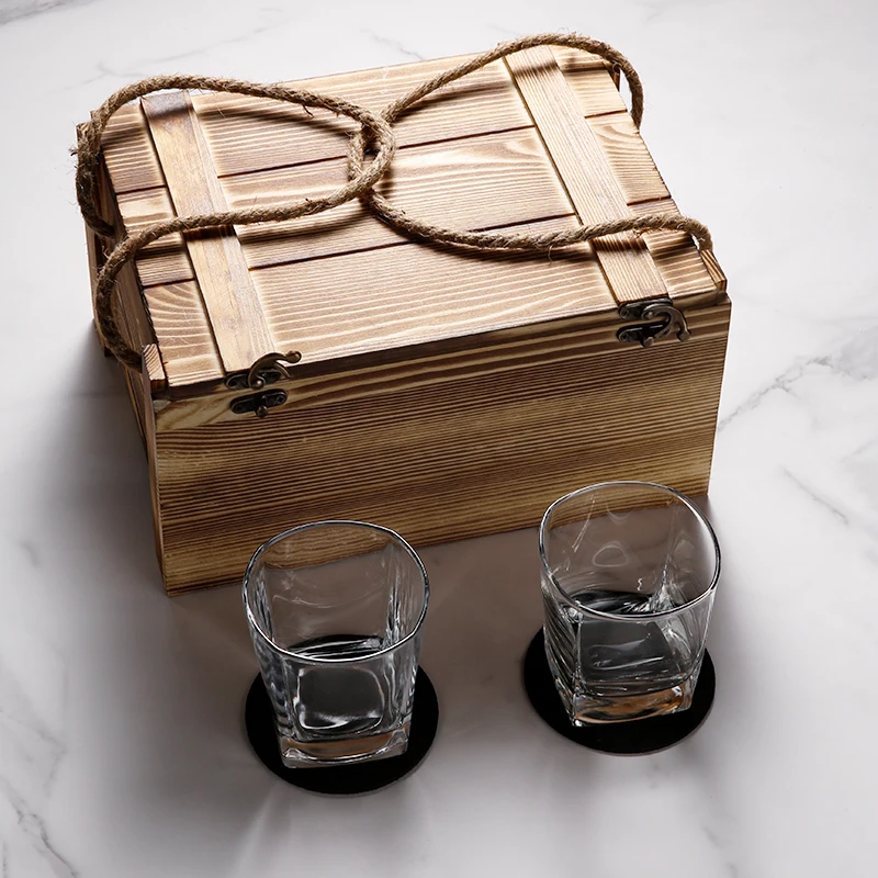 Custom Granite Whisky Rock Chilling Stones and 9oz Old Fashioned Whiskey Glass Set with Rustic Wooden Crate for Men Dad Gift