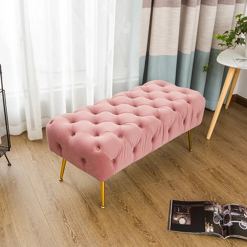 block design with velvet fabric golden metal legs bedroom and living room bench ottoman