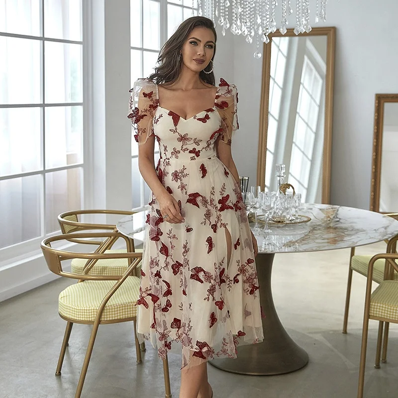 JF New Embroidery Elegant Temperament Print Closed Waist One-Line Shoulder Long Skirt Low Cut Gauze Skirt Sexy Casual Dresses