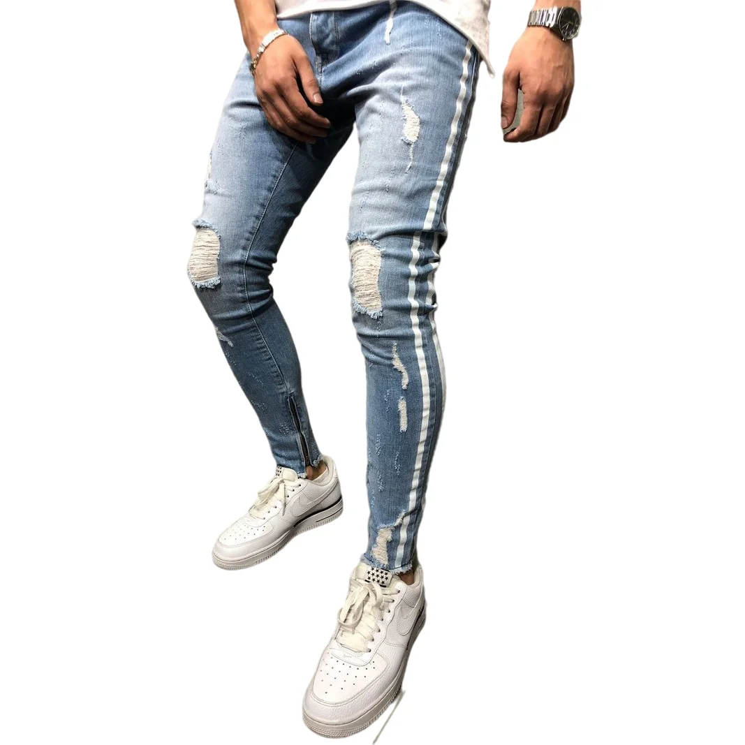 
Wholesale Side Strip Decoration Ripped Custom Men Jeans Men Fashion 