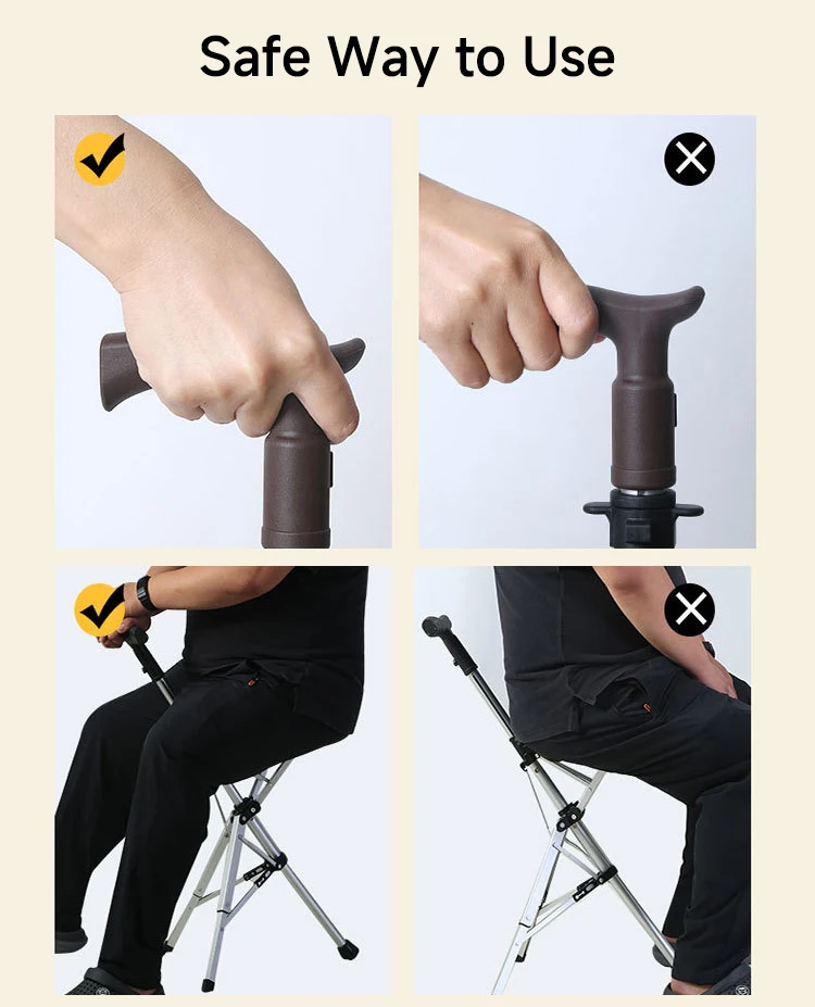 Lightweight Foldable Aluminum Telescopic Folding Three Legs Cane Elderly Disabled Walking Stick with Seat Stool