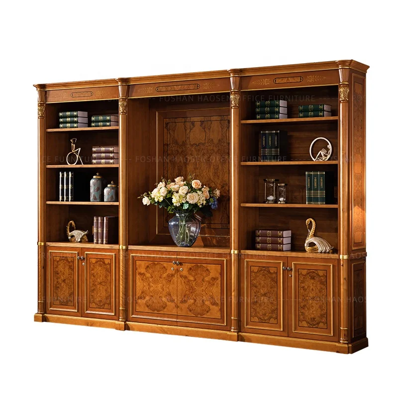 HAOSEN 0829A Luxury classic wooden carving boss office background Bookstore high cabinet