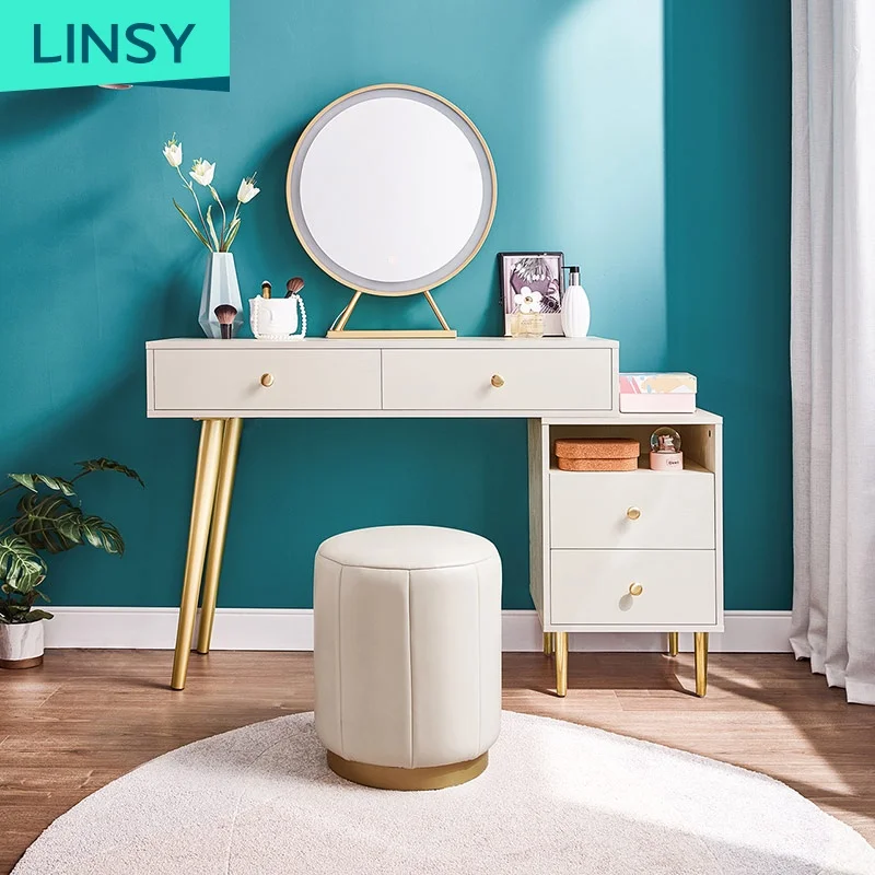 Linsy Роскошные голливудская для девочек розового цвета с рисунком набор туалетного столика светодиодные фонари деревянных макияжных туалетный столик ящиками хранения JF2C-A