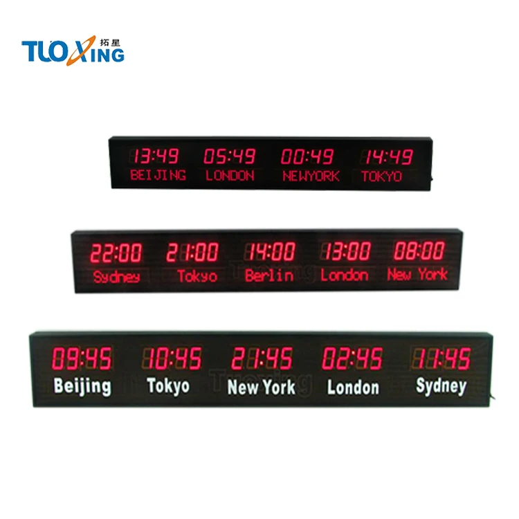 Large digital alpha-numeric led clock multi time zone