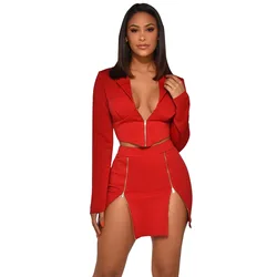 Wholesale customized LOGO Sexy V-neck Color Crop Blazer Set Women Mini Skirt 2 Piece Suits