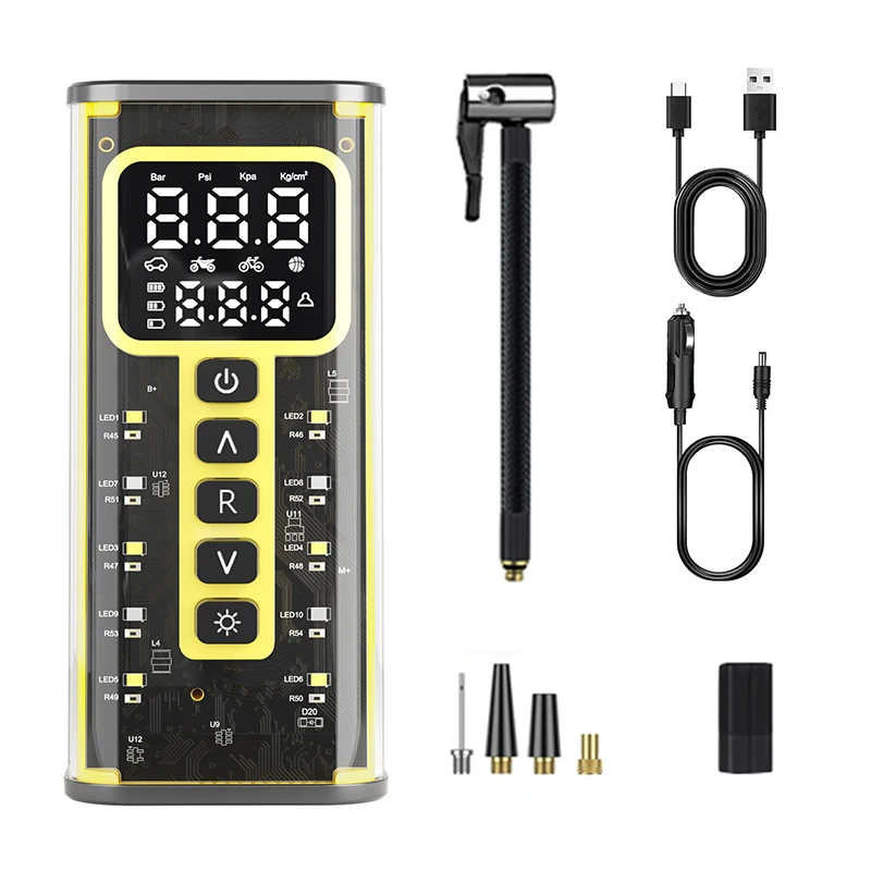 Tyre Inflator Mechanical Style Digital Display Pressure Detection Air Pump Compressor 1V Cable for Car Bike  Rechargeable 19mm
