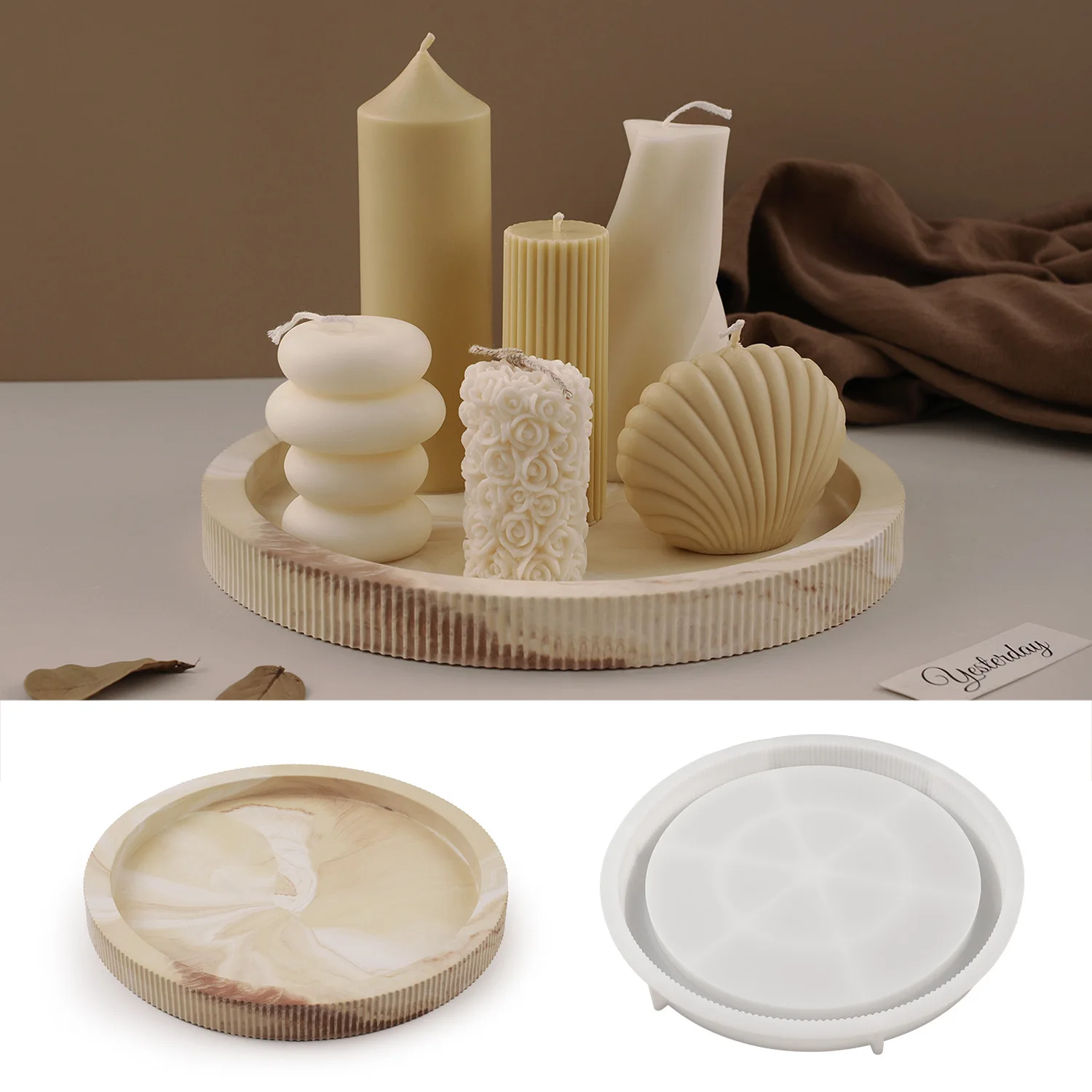 DIY adhesive gypsum cement lace stripes circular disc storage tray mold flower pot base silicone mold