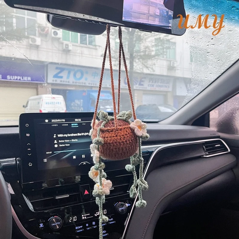 Handmade Crocheted Hanging Basket Artificial Plants Car Interior Rearview Mirror Accessory Gift Crochet Flower For Home Decor