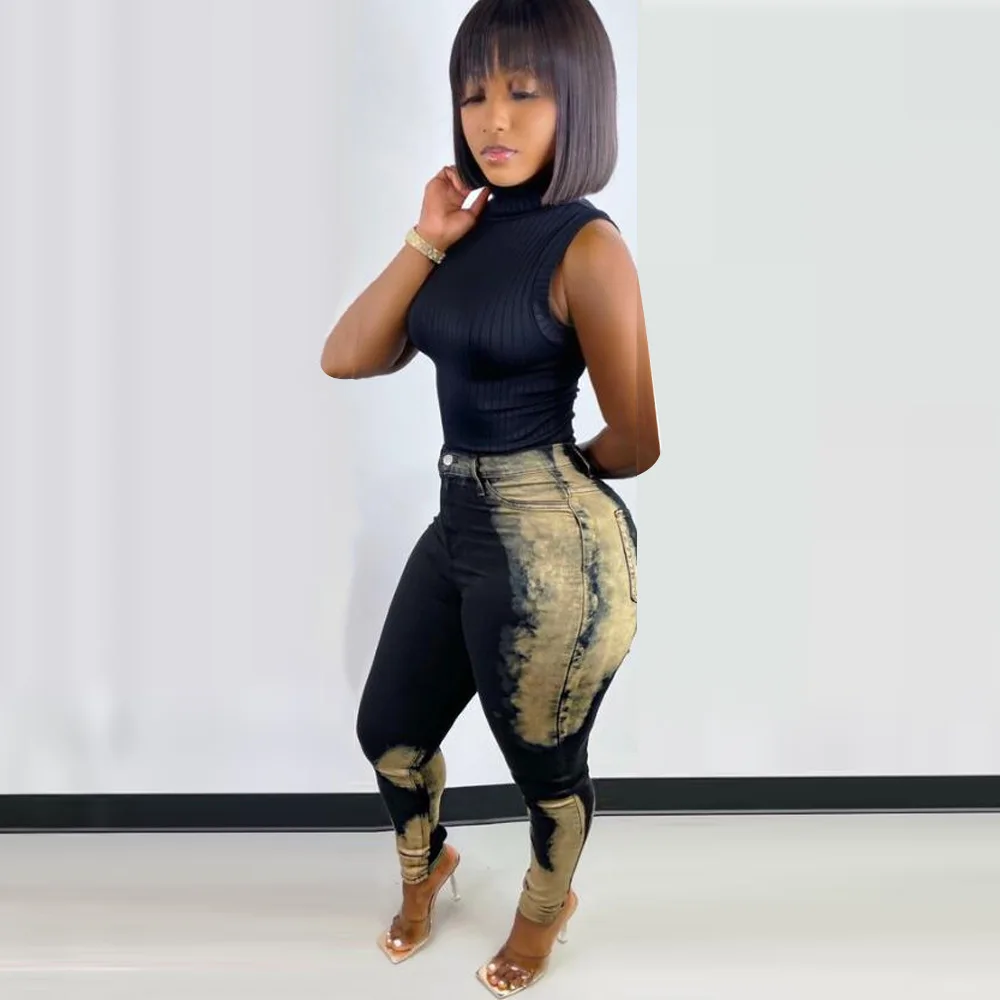 2021 Fall Women Pants High Waist Pencil Jeans Tie Dye Ladies Denim Sexy Patchwork Jeans For Girls