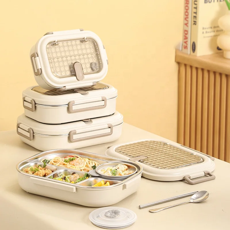 2024 new design 4/5 grids sus 304 soup bowl oven heating flatware double valve no leak insulated bento lunch box stainless steel