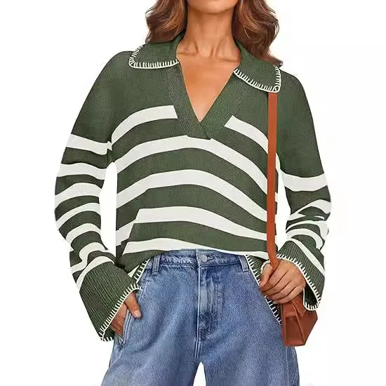 OEM&ODM Ladies Stripe Lapel Long Sleeve Women Fashion Stitched Pullover Basic Wholesale Custom Knit Top Sweater Women