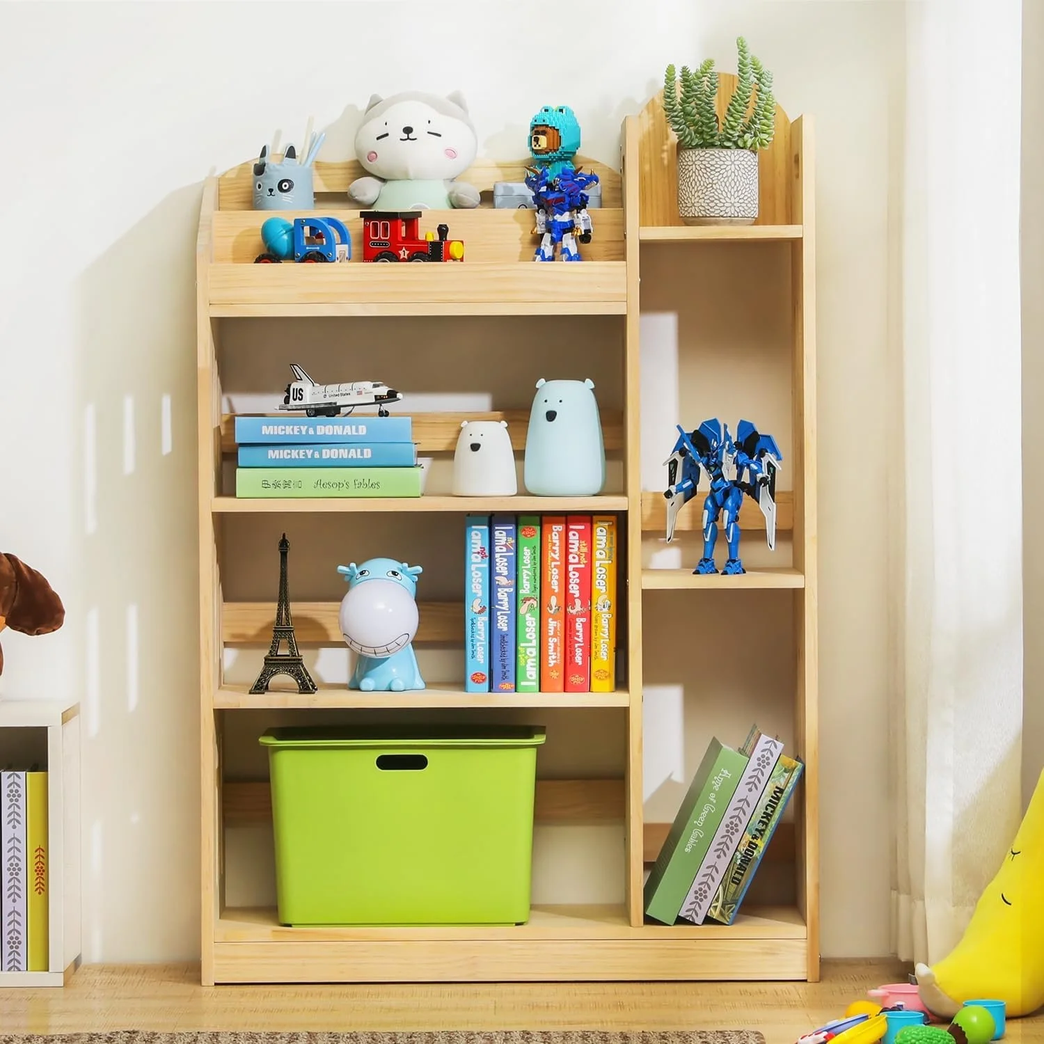 Natural Wood Free Standing Bookcase 4 Shelf Staggered DesignHome Office Display Storage kids book shelf cabinet