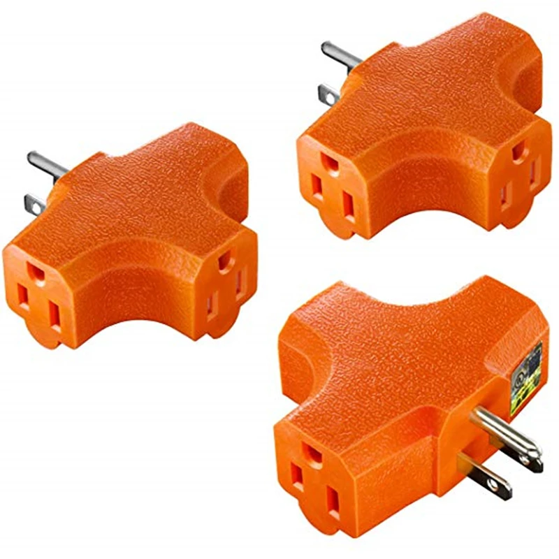 Orange 3 Outlet 3 pin 125V T-Shaped  Heavy Duty Grounded Adapter  Plug