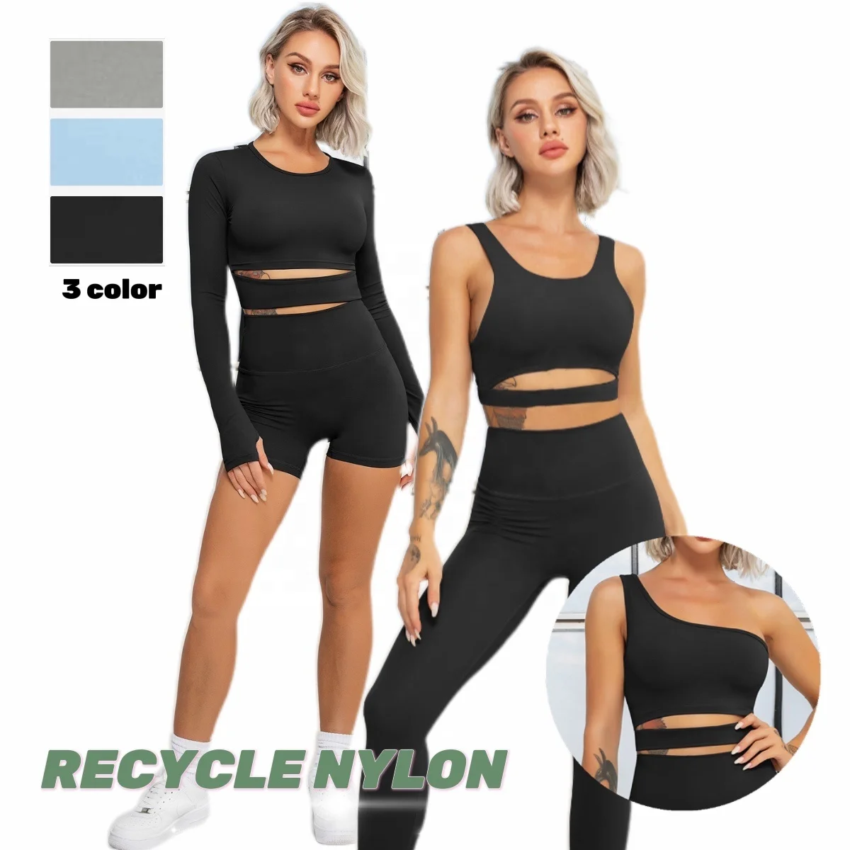 5PCS New Recycled Fabric Baby Blue Ladies Fitness Gym Sports Workout Sets Eco Friendly Womens Yoga Wear