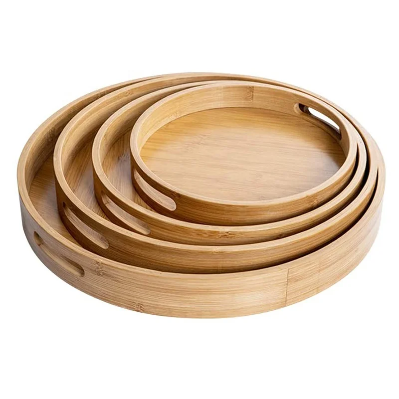 Custom Wooden Bamboo Round Floating Coffee Tea Food serving trays set With Handles