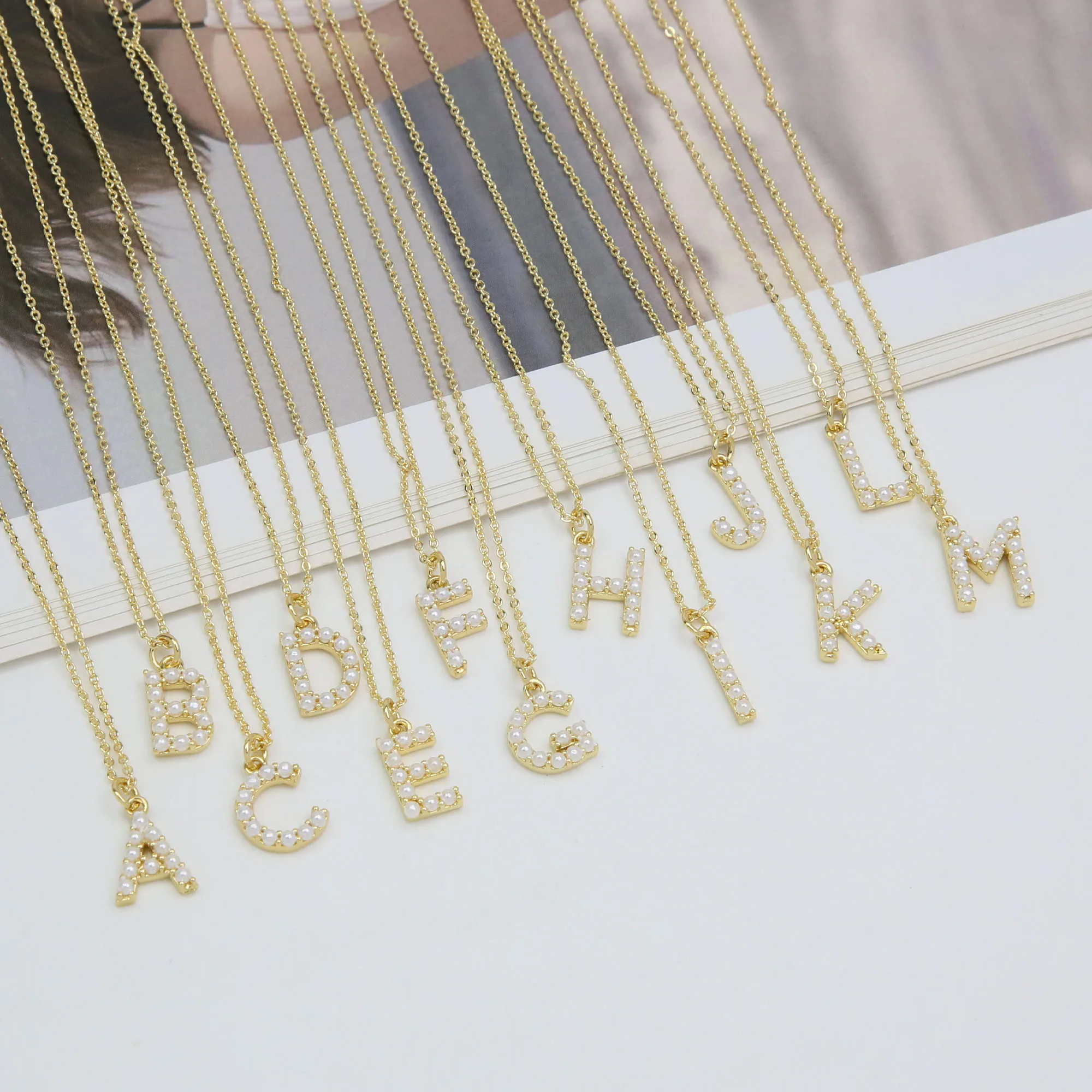 Trendy 14k solid gold pearl 26 letter charm name initial silver  necklace