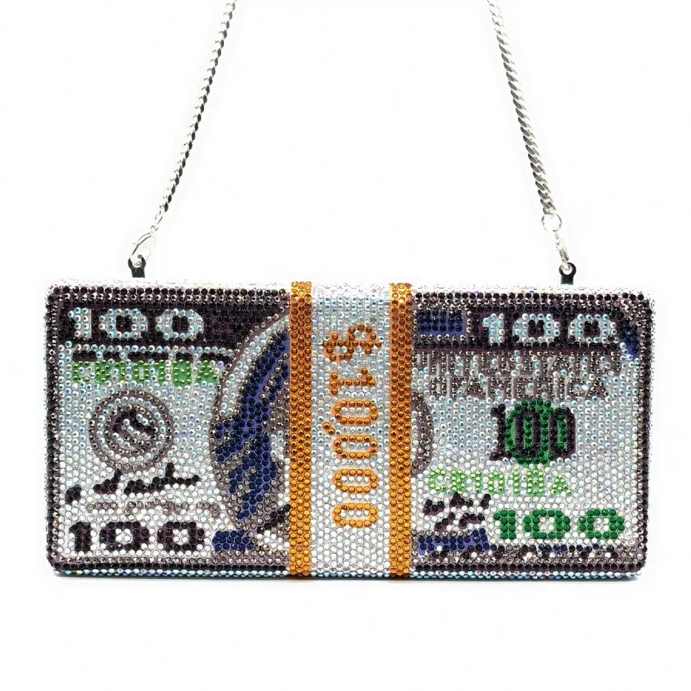 Ready to ship Messenger Bag luxury shining party clutch bag fashion girls 100 dollar rhinestone Offset Print handbag Party Bag
