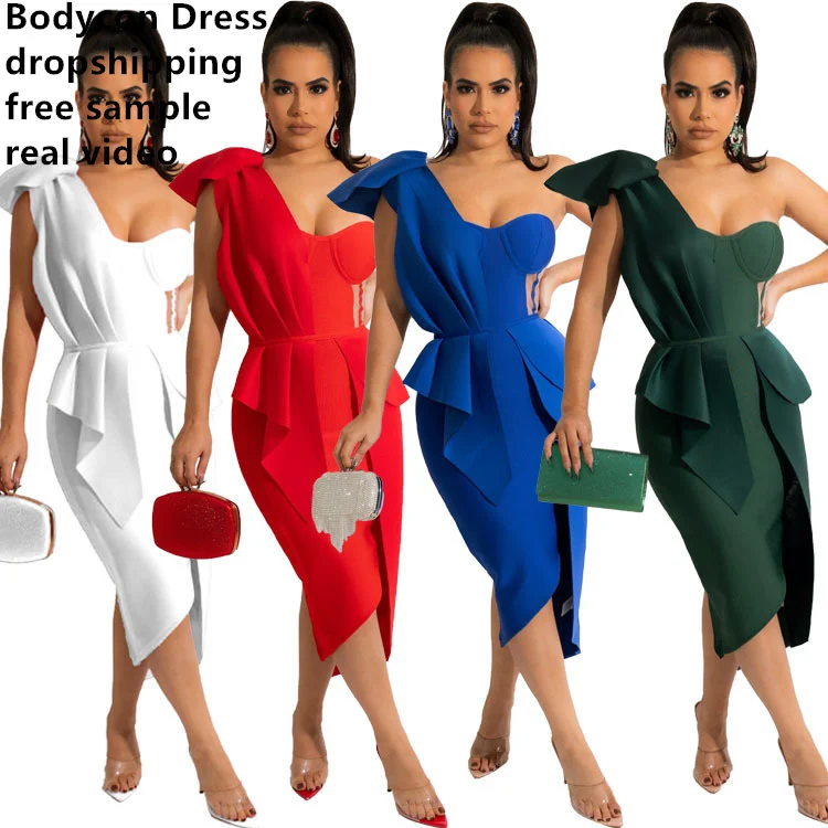 2022 New Arrivals Sexy Backless Club One Shoulder Sleeveless Halter Cutout Bodycon Midi Dress Elegant Peplum Women Dress