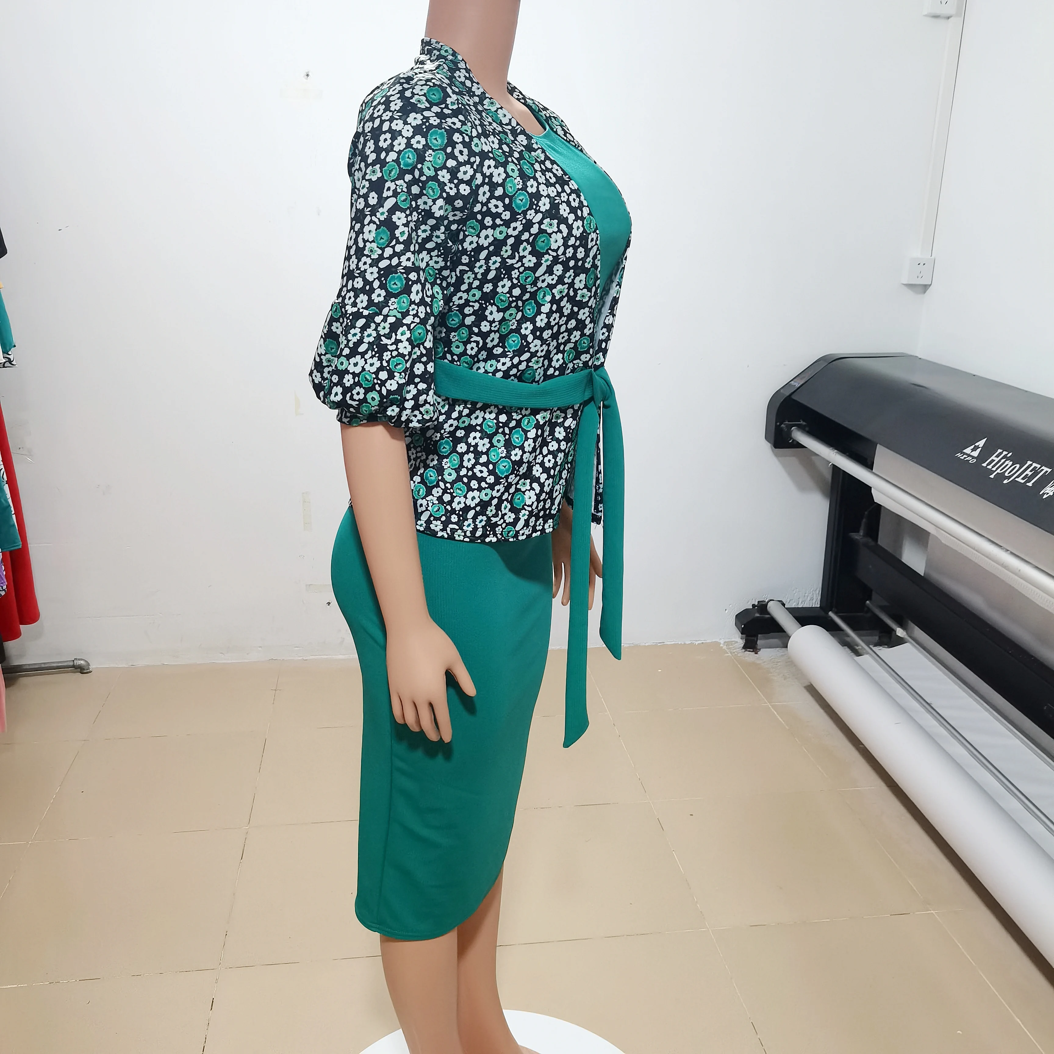 Ladies Jacket Bodycon Dress Two Piece Dresses Women Lady Elegant flowers long sleeves office dresses