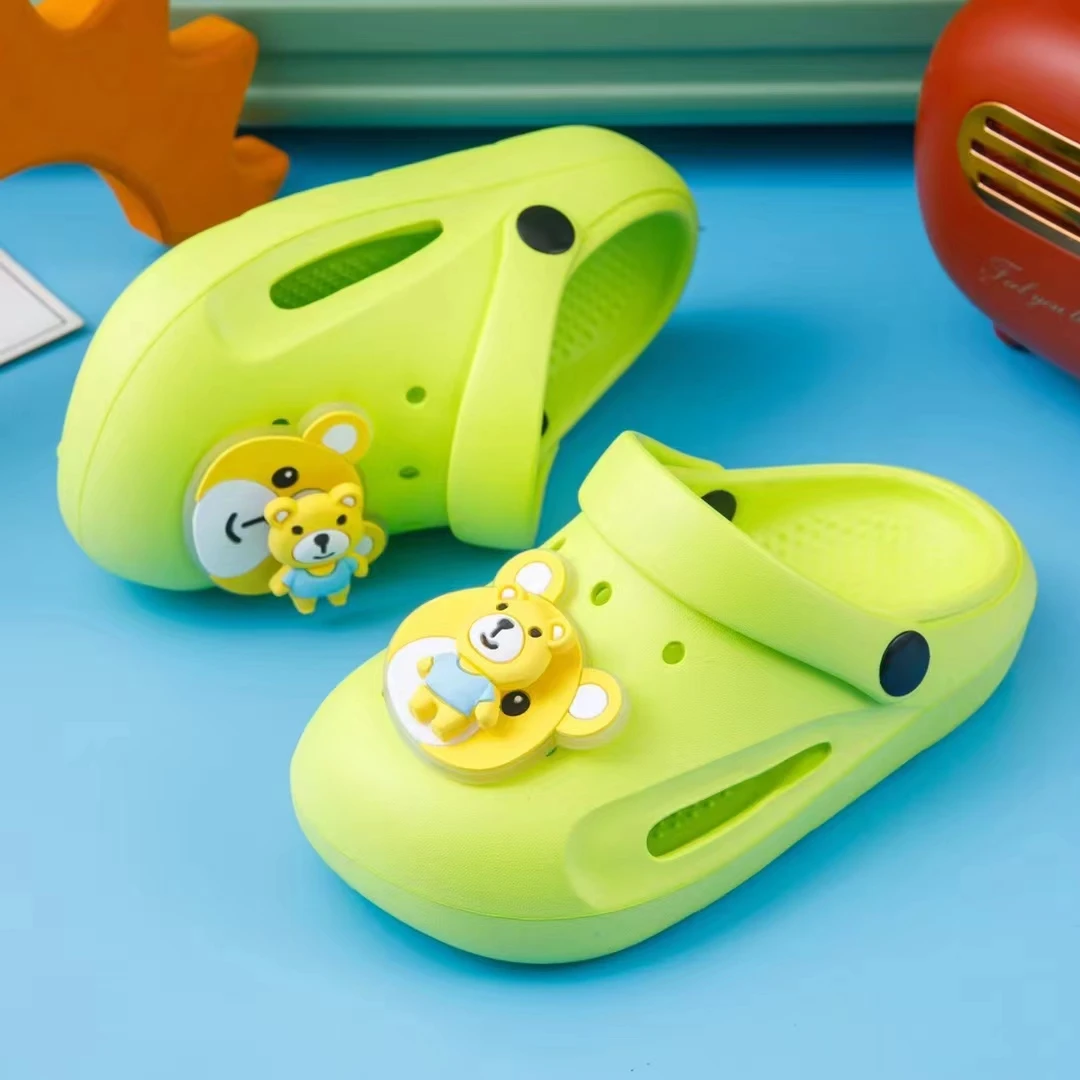 New Summer Beach Sandals Slides EVA Foam Shoes for Kids with Bear and Rabbit Removable Soft Rubber Decorations
