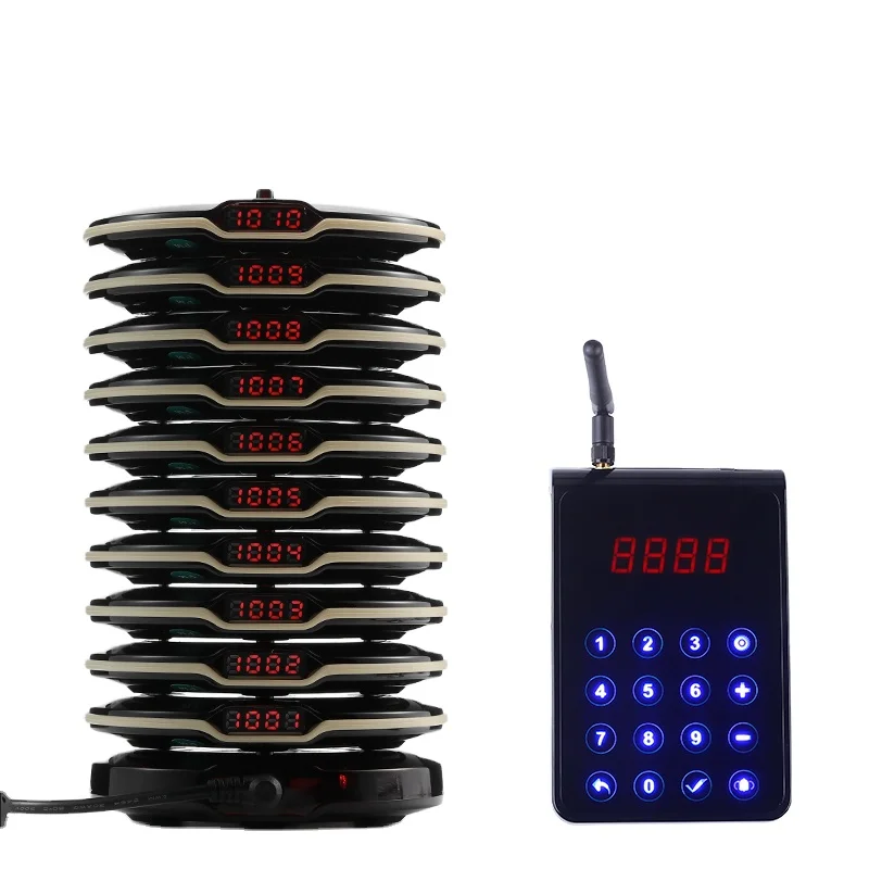 BYHUBYENG 1 Keypad Transmitter+10 Coaster Pagers Pager Restaurant Calling System Wireless Guest Paging Queuing System Beeper