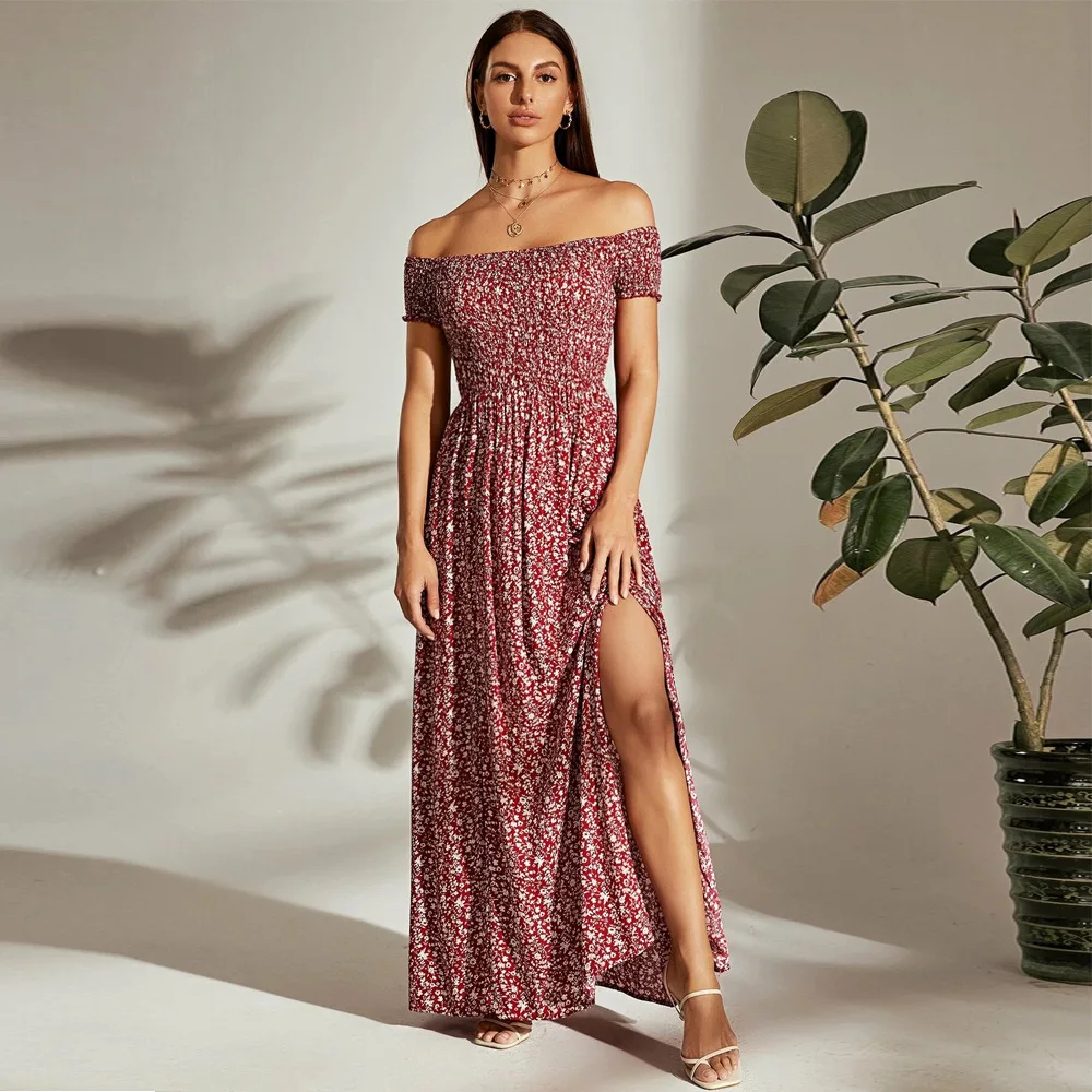 Женское богемное платье с открытыми плечами, длинное ТРАПЕЦИЕВИДНОЕ ПЛАТЬЕ с цветочным принтом, богемное платье с открытыми плечами и разрезом, Лидер продаж, на лето