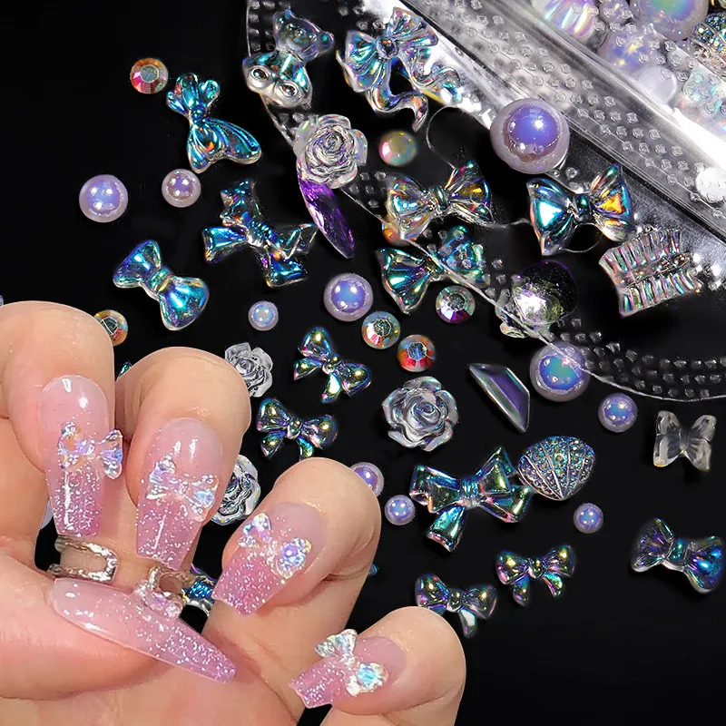 Kawaii Resin Charm Nails 3D Cute Nail Art Jewelry with Aurora Bear Flower Bow Heart Shape-Mixes Pearls Sequins for DIY!