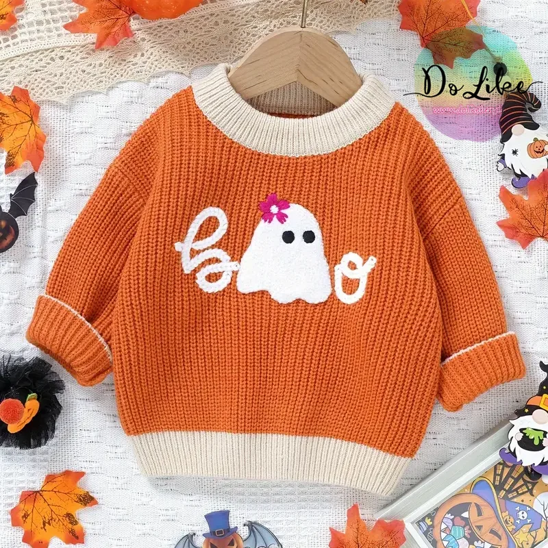 Halloween Boo toddler baby sweaters hand embroidery kids clothes girls knitted sweaters