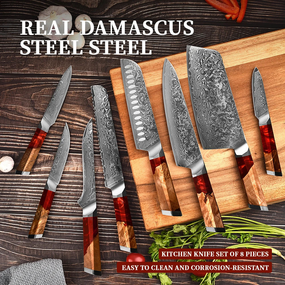 Japanese 8 Pcs Luxury Resin Handle Stainless Damascus Steel Texture Blade Professional Bread Chef Kitchen Knife Set