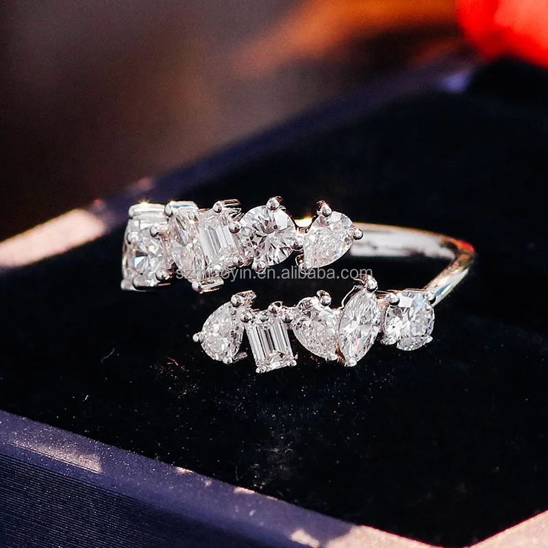 Trendy 10k 14k 18k Real White Gold Pear Emerald Marquise Cut Moissanite Diamond Open Adjustable Rings For Women Gift