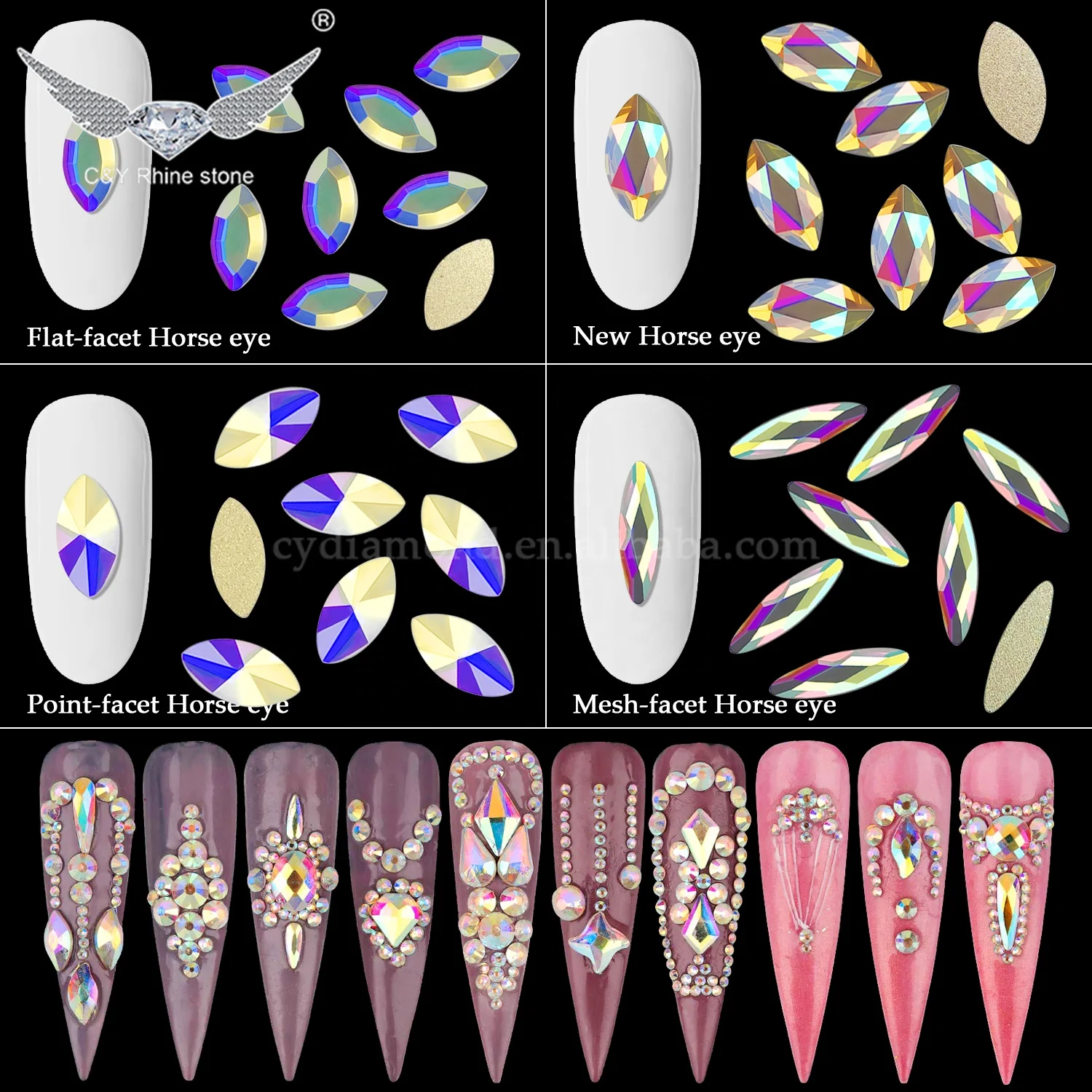 C&Y Horse Eye Mermaid Austrian Crystal AB Colorful Flat Back Non Hot Fix Bling Stone Shape Rhinestone