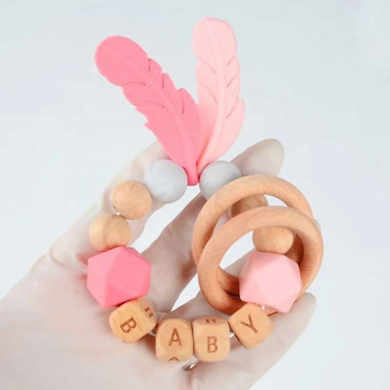 Unisex Wood Teether Soft Silicone Chewing Toy with Feather Massage Provides Gum Relief for Babies