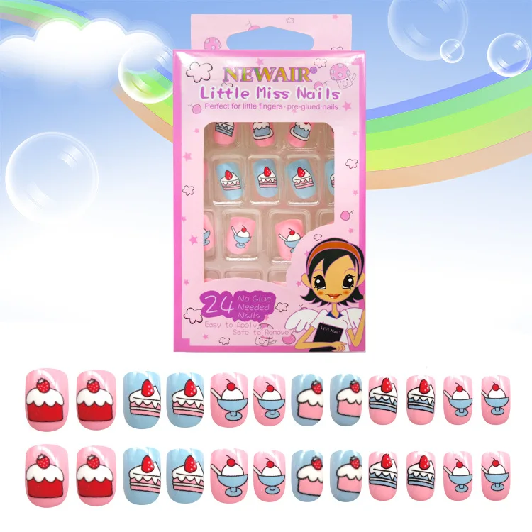 24PCS Carton Design Press on Nail for Kids Free Glue Nail Tips Cute Adhesive False Nails Child Gift Safe Healthy Art Decorations