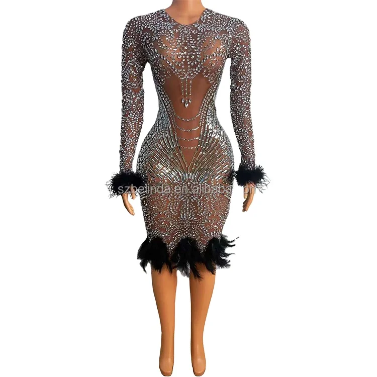 Multi-color Rhinestone Slivery Feather Spandex Short Dress Birthday Celebrate Fringe Outfit Women Dancer Evening Dress