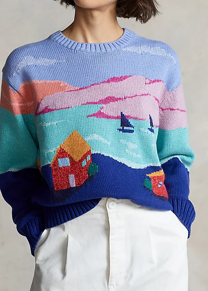 VSCOO Good Quality Wholesale Custom Landscape Graphic Jacquard Ladies Crew Neck Long Sleeve Women Sweater